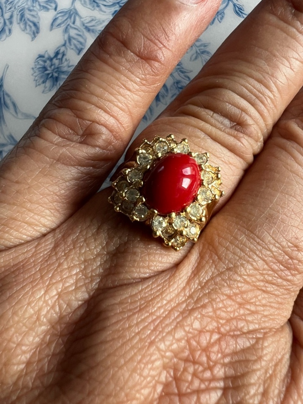 Gold Tone Red Cabochon Halo CZ Statement Ring 18K HGE Size 7 #713